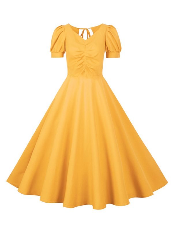 Women's-Dress-Audrey-Hepburn-Solid-Color-V-Neck-Short-Sleeve-Large-Swing-Dress Women's Dress Audrey Hepburn Solid Color V-Neck Short Sleeve Large Swing Dress