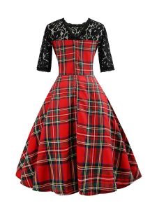 1950s Style Dresses Half Sleeve Lace Floral Plaid Large Swing Dresses