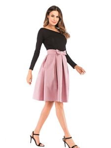 A-Line Pleated Vintage Skirts for Women Solid Color Bowknot Swing Skirt