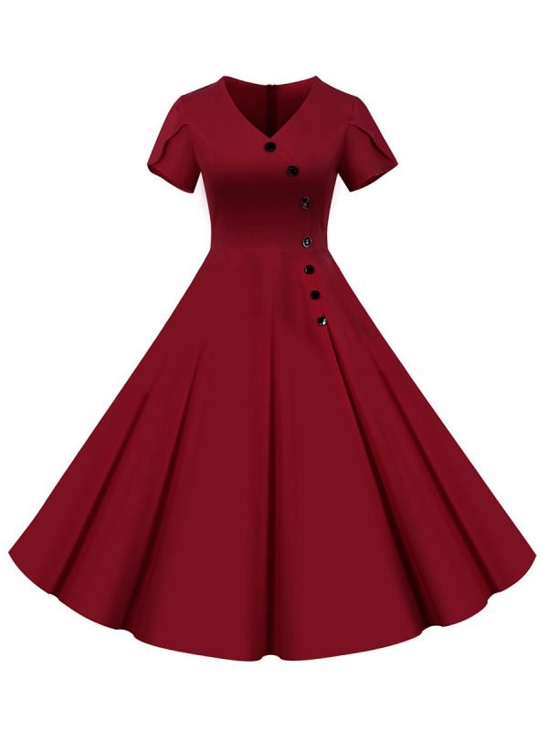 50s Dresses Solid Color V-Neck Short Sleeve Single Breasted Large Swing Dresses