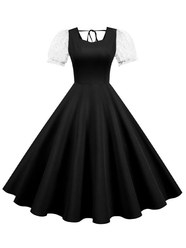 Women's Dress Audrey Hepburn O-Neck Mesh Short Sleeve Solid Color Dress