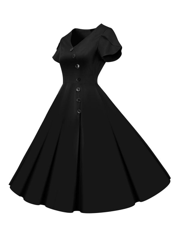 50s Dresses Solid Color V-Neck Short Sleeve Single Breasted Large Swing Dresses