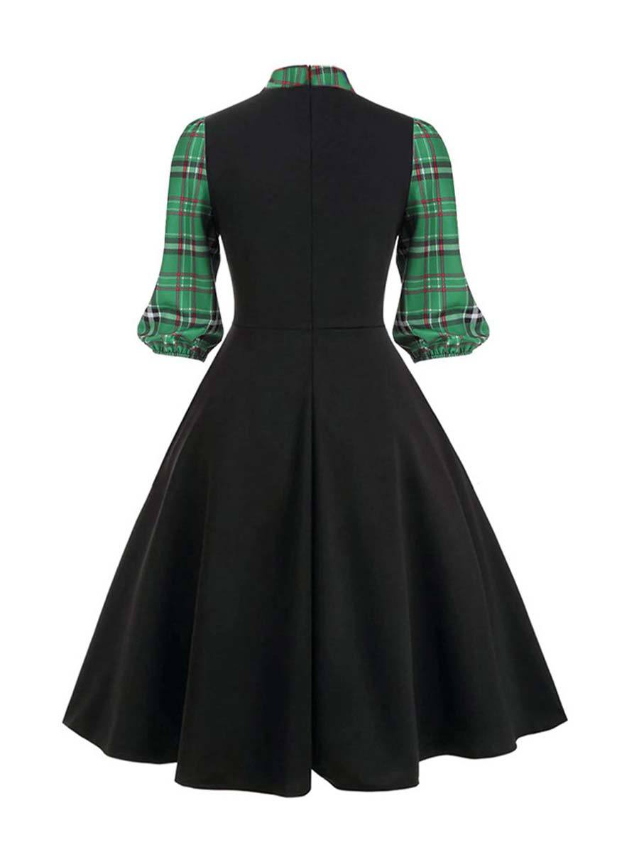 Retro House Dresses Bowknot Plaid Midi Swing Dresses - Vintage-Retro