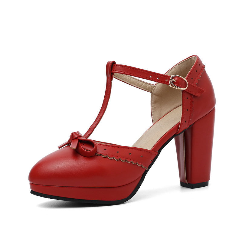 Women's Vintage Shoes T Strap Retro Bow High Heel Shoes - Vintage-Retro