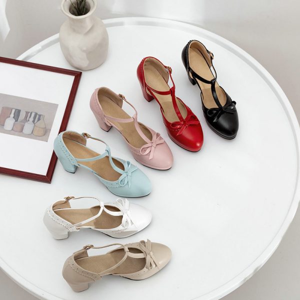 Women's Vintage Shoes T Strap Retro Bow High Heel Shoes