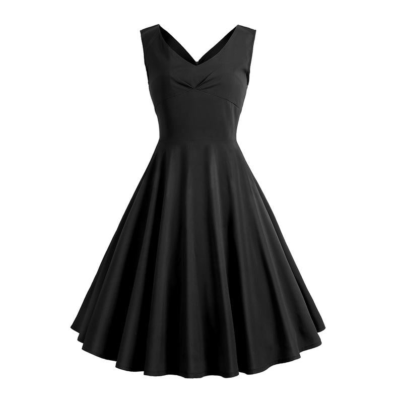 1950s Dress Solid Color Sexy V Neck Backless Swing Dress - Vintage-Retro