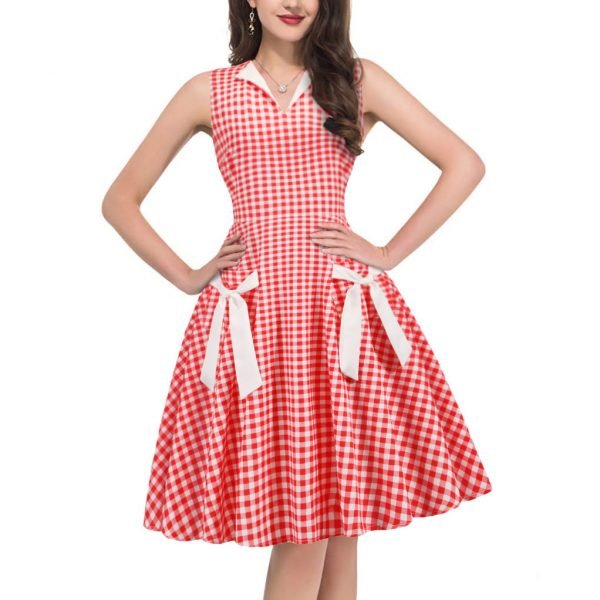 1950s Style Dresses V-Neck Sleeveless Colorblock Patchwork Floral Large Swing Dresses