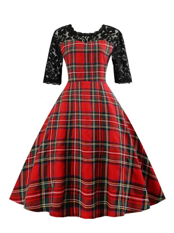1950s Style Dresses Half Sleeve Lace Floral Plaid Large Swing Dresses