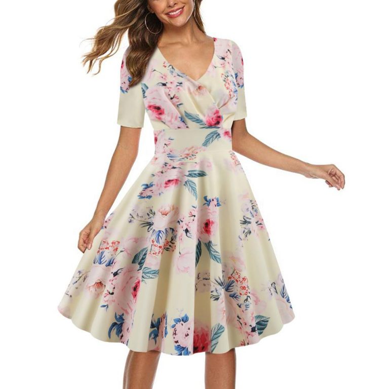 Retro Style Dress Short-sleeve Summer Dress V-neck Simple Dresses