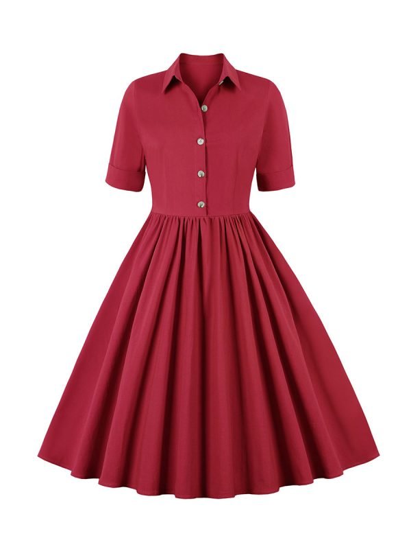 1950S Solid Front Buttons Swing Dress