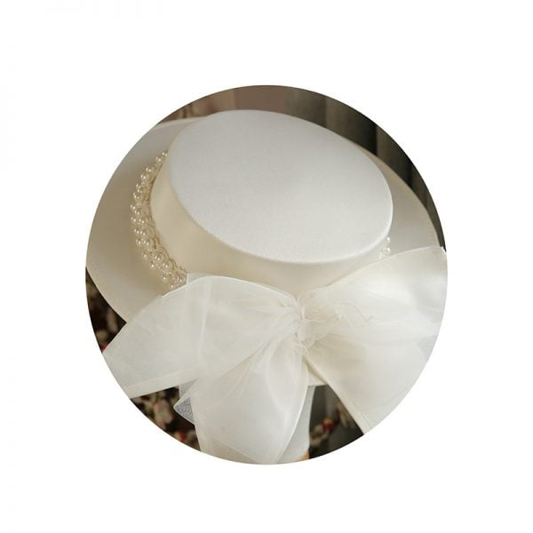 Elegant Pearl Flat Top Hat for Women Fashion All-match Flat Brim British Wedding Dress Hat
