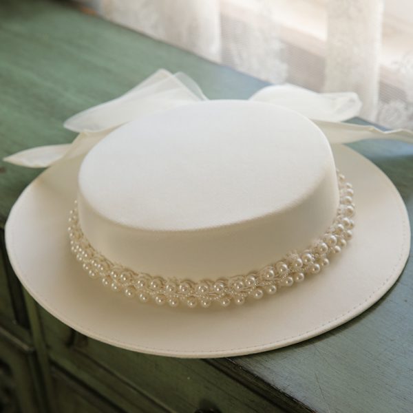 Elegant Pearl Flat Top Hat for Women Fashion All-match Flat Brim British Wedding Dress Hat