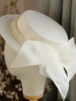 Elegant Pearl Flat Top Hat for Women Fashion All-match Flat Brim British Wedding Dress Hat