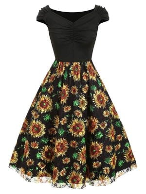 Women's Sunflower Dresses V-Neck Short Sleeve Floral Swing Vintage Dresses