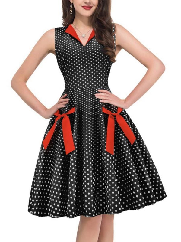 1950s Style Dresses V-Neck Sleeveless Colorblock Patchwork Floral Large Swing Dresses