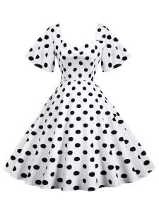 50s Dresses Short Sleeve Polka Knot Large Swing Anual Meeting Midi Dresses