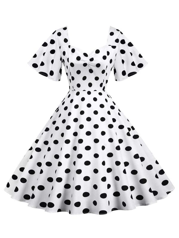 50s Dresses Short Sleeve Polka Knot Large Swing Anual Meeting Midi Dresses