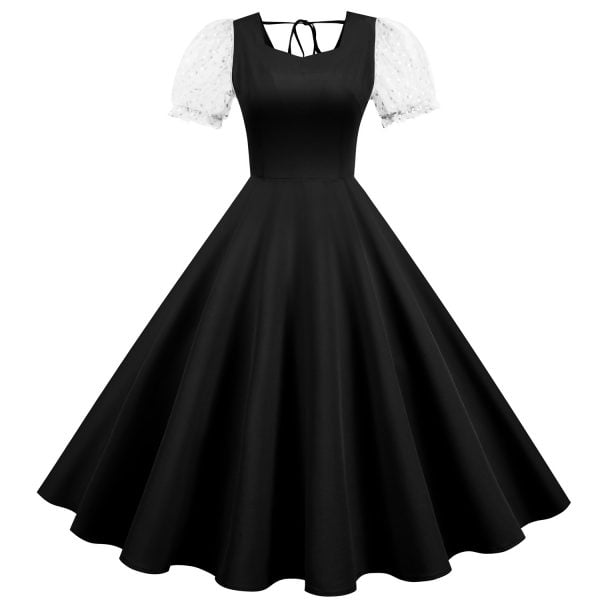 Women's Dress Audrey Hepburn O-Neck Mesh Short Sleeve Solid Color Dress