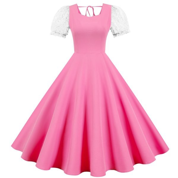 Women's Dress Audrey Hepburn O-Neck Mesh Short Sleeve Solid Color Dress