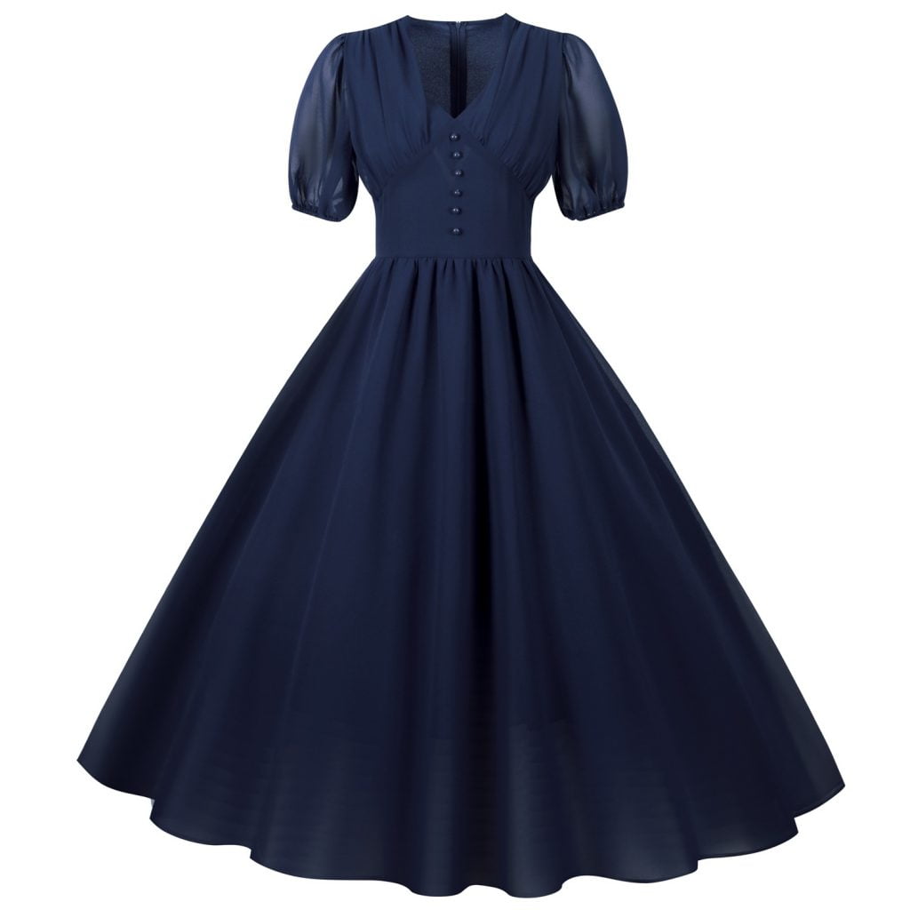1950s Dress Audrey Hepburn Single Breasted Solid Color Swing Dress ...