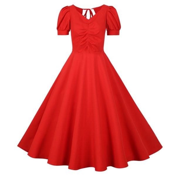 Women's-Dress-Audrey-Hepburn-Solid-Color-V-Neck-Short-Sleeve-Large-Swing-Dress Women's Dress Audrey Hepburn Solid Color V-Neck Short Sleeve Large Swing Dress