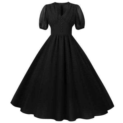 1950s Dress Audrey Hepburn Single Breasted Solid Color Swing Dress ...