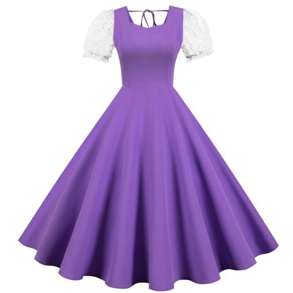 Women's Dress Audrey Hepburn O-Neck Mesh Short Sleeve Solid Color Dress