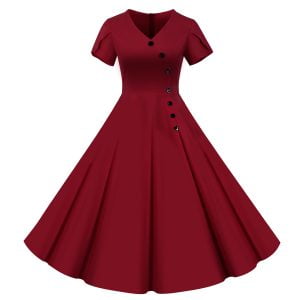 50s Dresses Solid Color V-Neck Short Sleeve Single Breasted Large Swing Dresses
