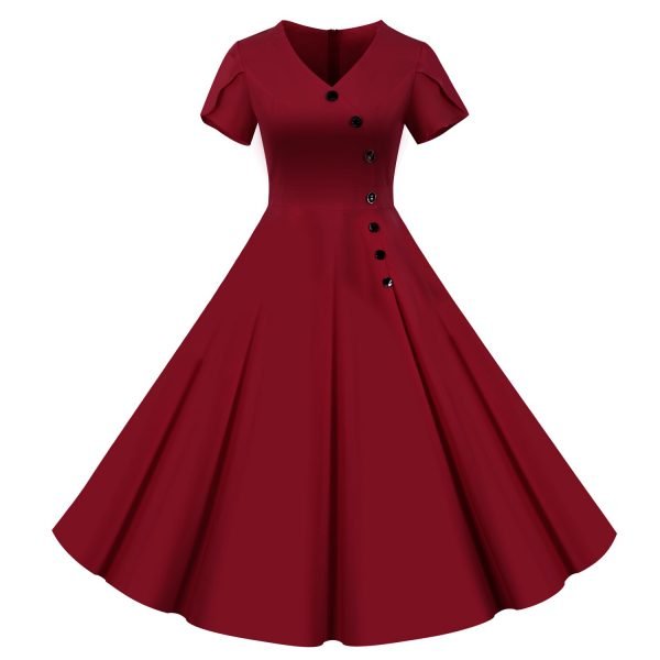 50s Dresses Solid Color V-Neck Short Sleeve Single Breasted Large Swing Dresses
