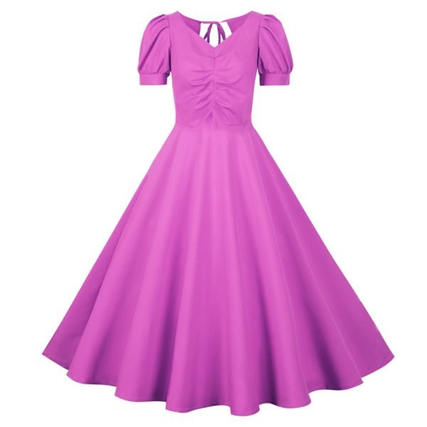 Women's-Dress-Audrey-Hepburn-Solid-Color-V-Neck-Short-Sleeve-Large-Swing-Dress Women's Dress Audrey Hepburn Solid Color V-Neck Short Sleeve Large Swing Dress