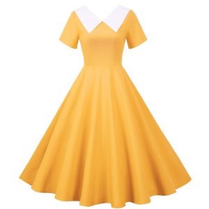 50s Dresses Hepburn's Solid Color V-Neck Short Sleeve Large Swing Dresses