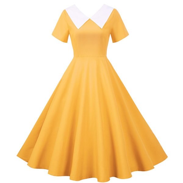 50s-Dresses-Hepburn's-Solid-Color-V-Neck-Short-Sleeve-Large-Swing-Dresses 50s Dresses Hepburn's Solid Color V-Neck Short Sleeve Large Swing Dresses