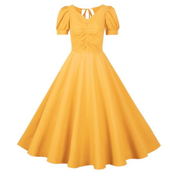 Women's-Dress-Audrey-Hepburn-Solid-Color-V-Neck-Short-Sleeve-Large-Swing-Dress Women's Dress Audrey Hepburn Solid Color V-Neck Short Sleeve Large Swing Dress