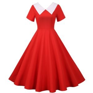 50s Dresses Hepburn's Solid Color V-Neck Short Sleeve Large Swing Dresses