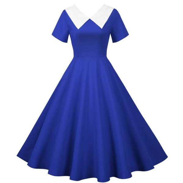 50s-Dresses-Hepburn's-Solid-Color-V-Neck-Short-Sleeve-Large-Swing-Dresses 50s Dresses Hepburn's Solid Color V-Neck Short Sleeve Large Swing Dresses