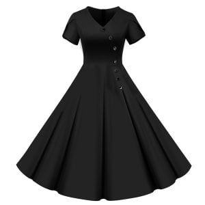 50s Dresses Solid Color V-Neck Short Sleeve Single Breasted Large Swing Dresses
