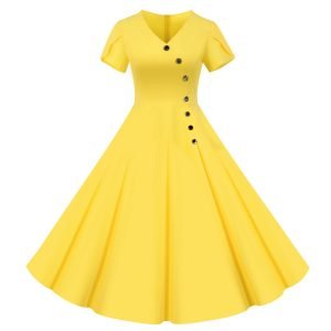 50s Dresses Solid Color V-Neck Short Sleeve Single Breasted Large Swing Dresses