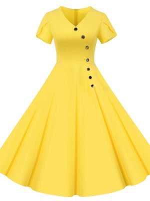 50s Dresses Solid Color V-Neck Short Sleeve Single Breasted Large Swing Dresses