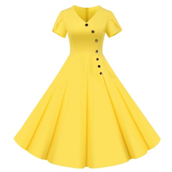 50s Dresses Solid Color V-Neck Short Sleeve Single Breasted Large Swing Dresses