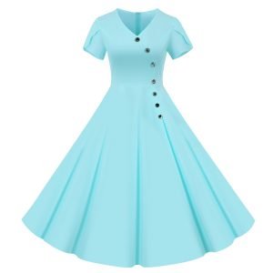 50s Dresses Solid Color V-Neck Short Sleeve Single Breasted Large Swing Dresses