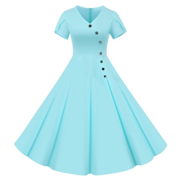 50s Dresses Solid Color V-Neck Short Sleeve Single Breasted Large Swing Dresses