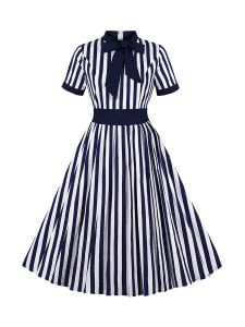 1950S Striped Dresses Waistline Stitching Short-sleeved Dress