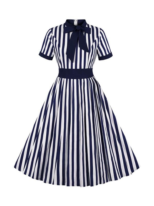 1950S-Striped-Dresses-Waistline-Stitching-Short-sleeved-Dress 1950S Striped Dresses Waistline Stitching Short-sleeved Dress