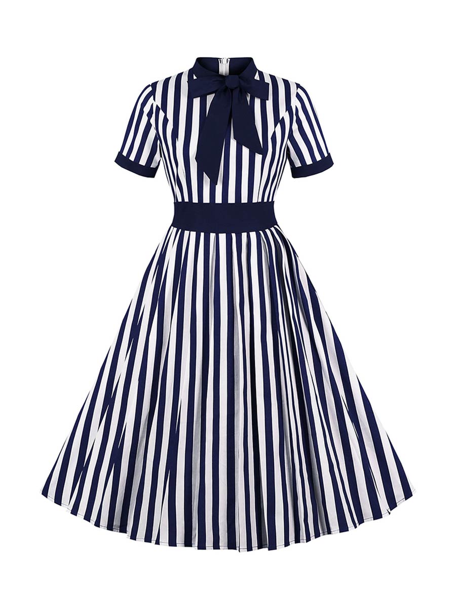 1950s Striped Dresses Short-sleeved Knee Length Swing Dress - Vintage-Retro