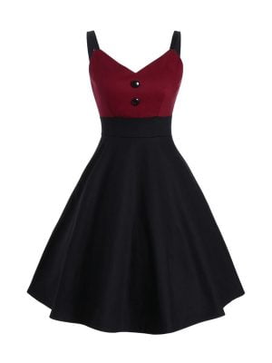 Women's Swing Dresses Spaghetti Strap Colorblock Knee Length Dresses