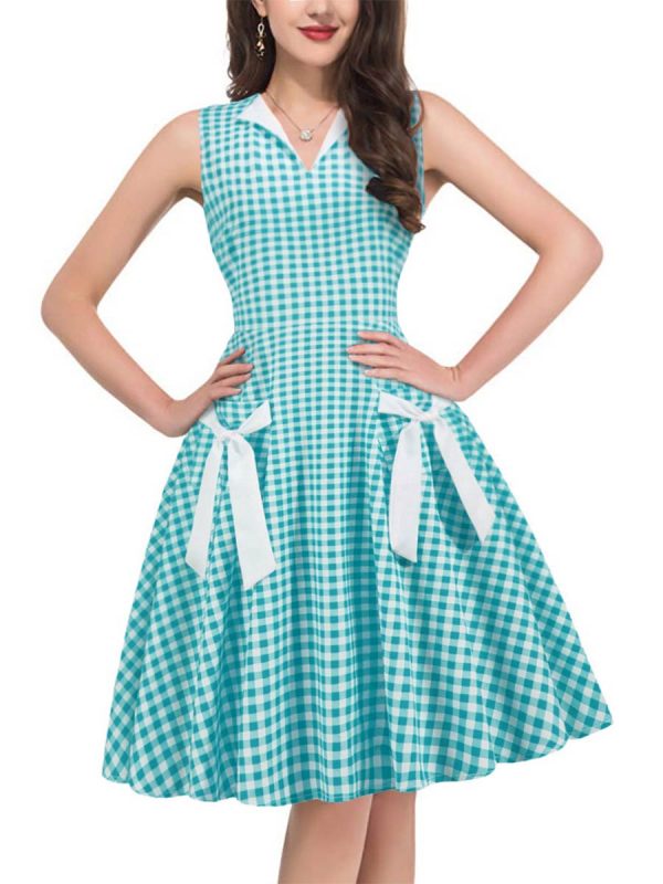 1950s Style Dresses V-Neck Sleeveless Colorblock Patchwork Floral Large Swing Dresses