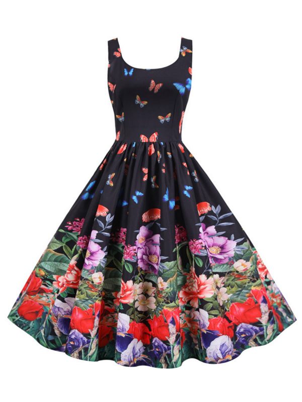 Women's-Dress-Hepburn's-Sleeveless-Floral-Large-Swing-Party-Midi-Dresses Women's Dress Hepburn's Sleeveless Floral Large Swing Party Midi Dresses