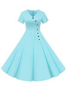 50s Dresses Solid Color V-Neck Short Sleeve Single Breasted Large Swing Dresses