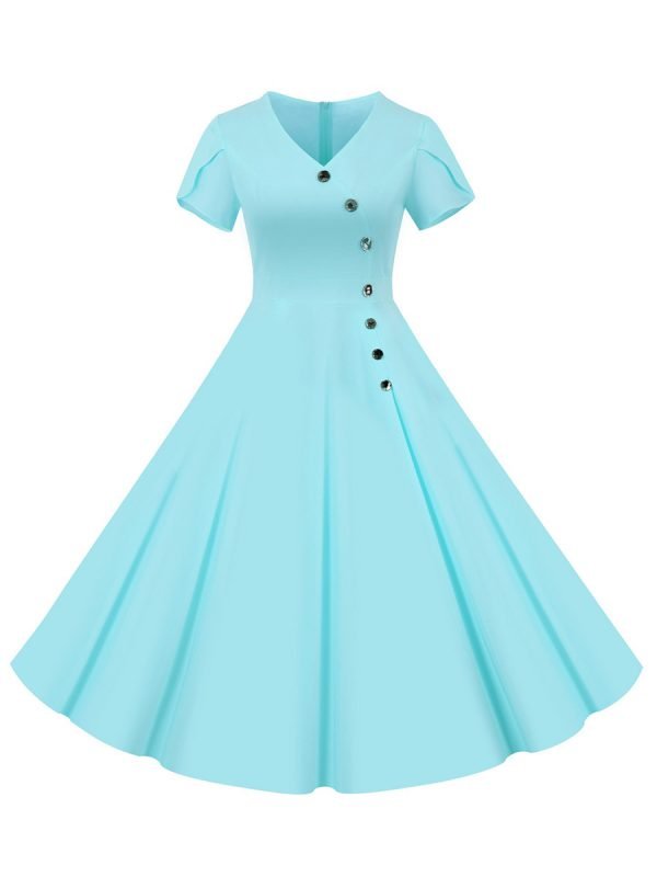 50s Dresses Solid Color V-Neck Short Sleeve Single Breasted Large Swing Dresses
