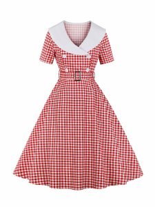 Retro Plaid Stitching Short-sleeved Swing Dress With Belt